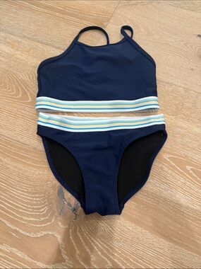 Zella Size 7 Girls' Navy Two-Piece Swim Set with Striped Trim
